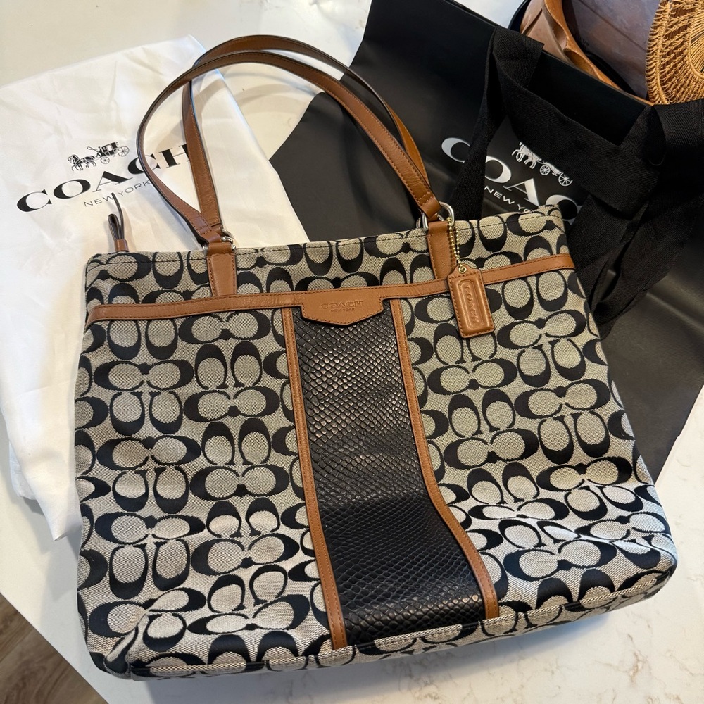 Coach Black and Beige Signature Canvas Tote with Brown Leather Trim